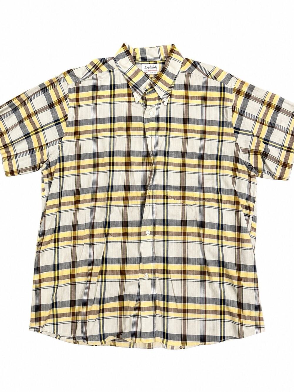 Archdale Sportswear Men’s Large Plaid Button Down Shirt Yellow Blue Short Sleeve
